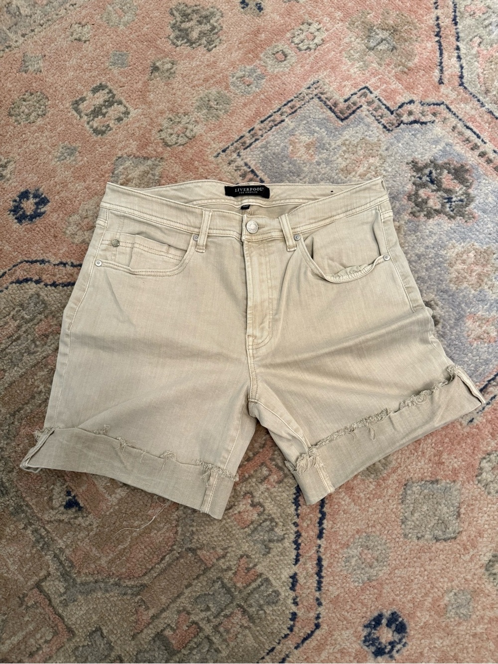 LIVERPOOL Beige Frayed Hem Denim Shorts